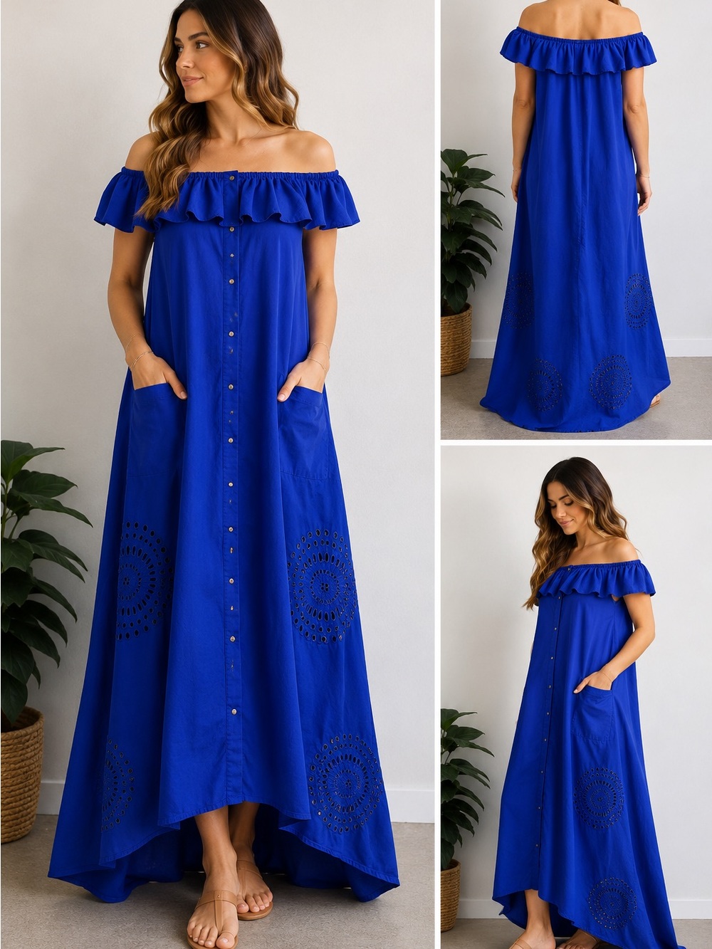 Royal Blue Off-Shoulder High-Low Maxi Dress | Eyelet Detail | Pockets | Size M